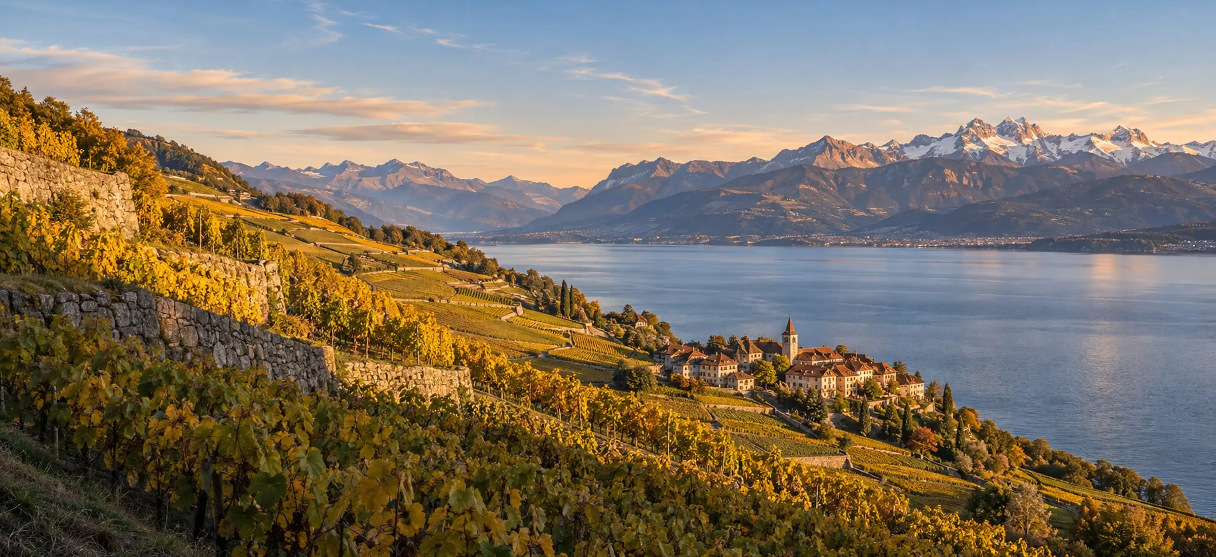 Les terrasses de Lavaux à l’heure dorée, le Léman et les Alpes