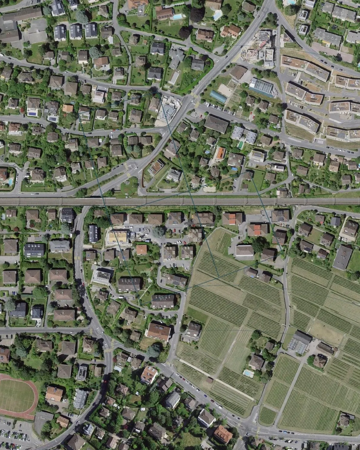 Vue aérienne de Pully avec un tracé de parcelles illustratif